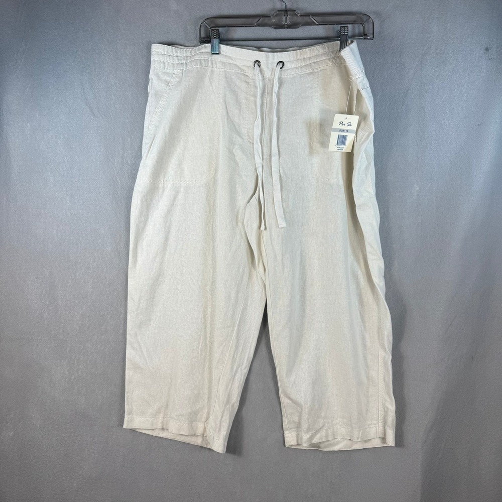 Per Se Womens White Linen Blend Drawstring Crop Pants Capris Size 1X New